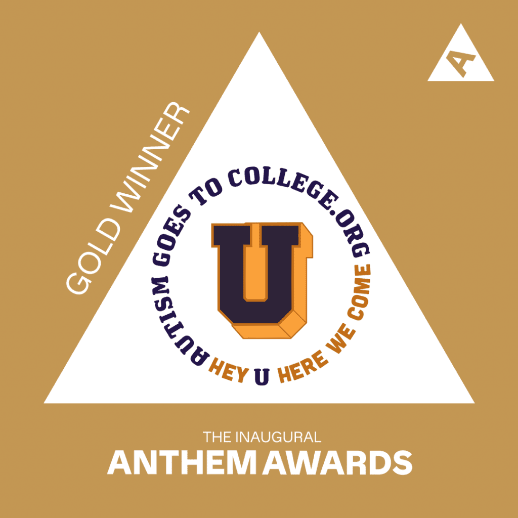 The anthem award logo banner with the Autism Goes To College.org logo inside it