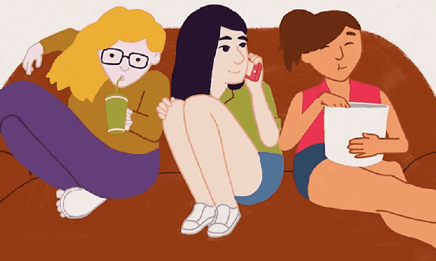 Drawing of Aniella and roommates sitting on the couch