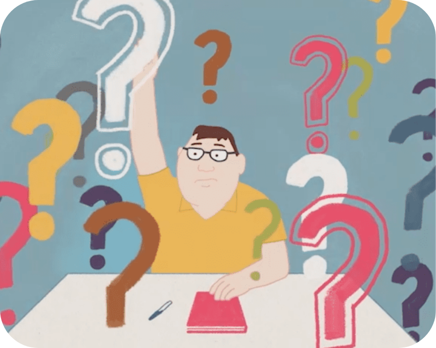 Drawing of Guillermo raising his hand among question marks